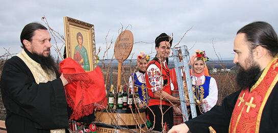 A silver cross blessed the "Karnobat grape brandy" on the day of Trifon Zarezan
